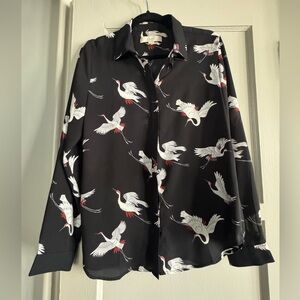 LOFT Black and White Button Down Shirt with Crane Print